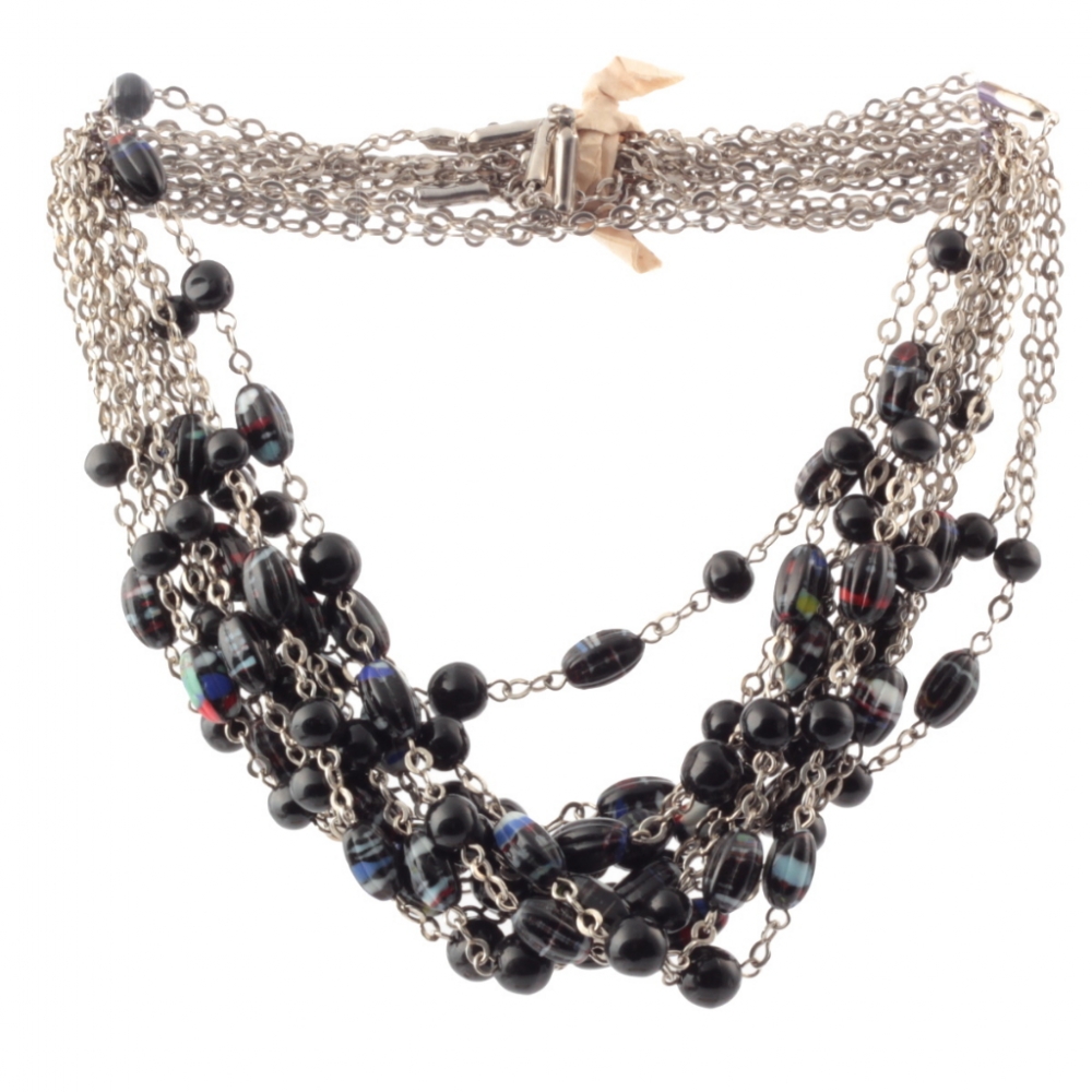 Lot (12) Vintage Art Deco chrome chain necklaces Czech black round marble melon depression glass beads