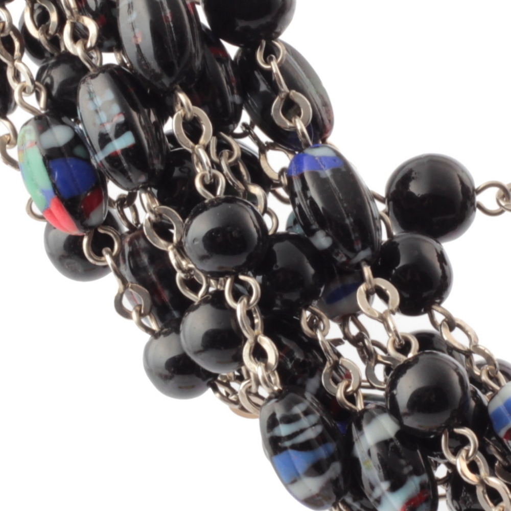 Lot (12) Vintage Art Deco chrome chain necklaces Czech black round marble melon depression glass beads