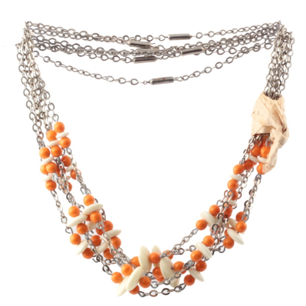Lot (6) Vintage Art Deco chrome chain necklaces Czech Uranium orange glass beads