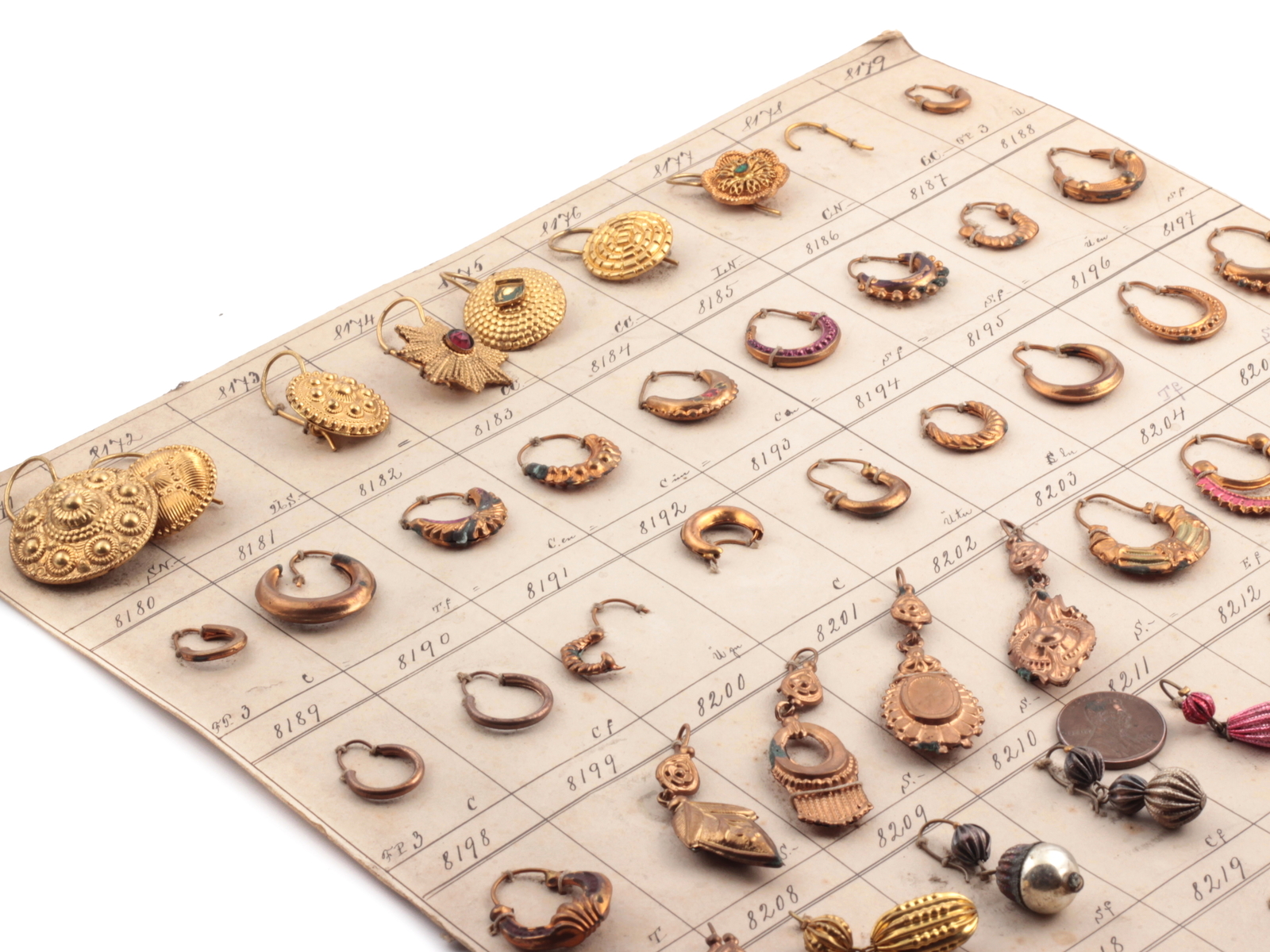 Art Deco technical design card (66) Czech vintage glass bead coin brass filigree earrings