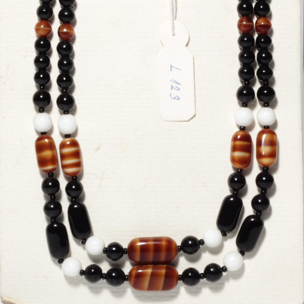 Czech vintage 2 strand necklace black white brown satin striped glass beads 