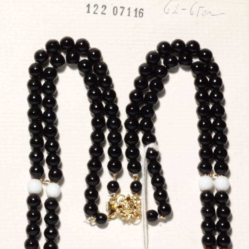 Czech vintage 2 strand necklace black white brown satin striped glass beads 