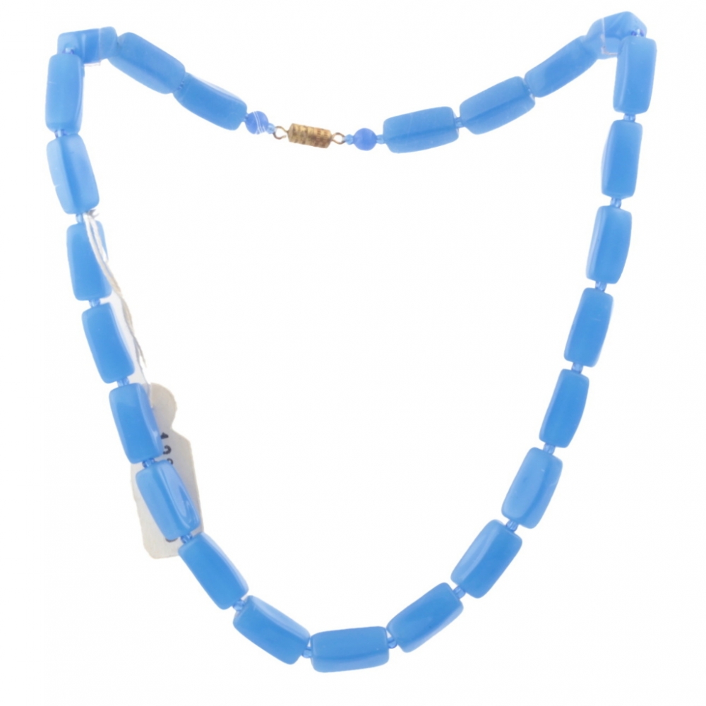 Vintage Czech necklace chalcedony blue opaline rectangle glass beads