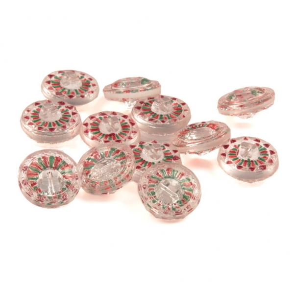 Lot (12) 14mm Czech vintage Deco reverse green red painted geometric flower crystal glass buttons