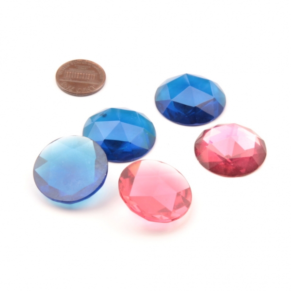 Lot (5) 26mm large Czech vintage round faceted blue pink flatback glass rhinestones
