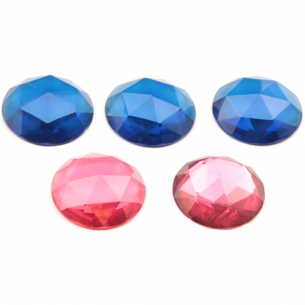 Lot (5) 26mm large Czech vintage round faceted blue pink flatback glass rhinestones