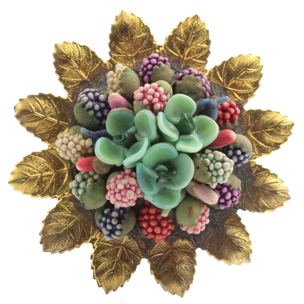 Vintage Czech glass bead berry and flower bouquet gold pin brooch