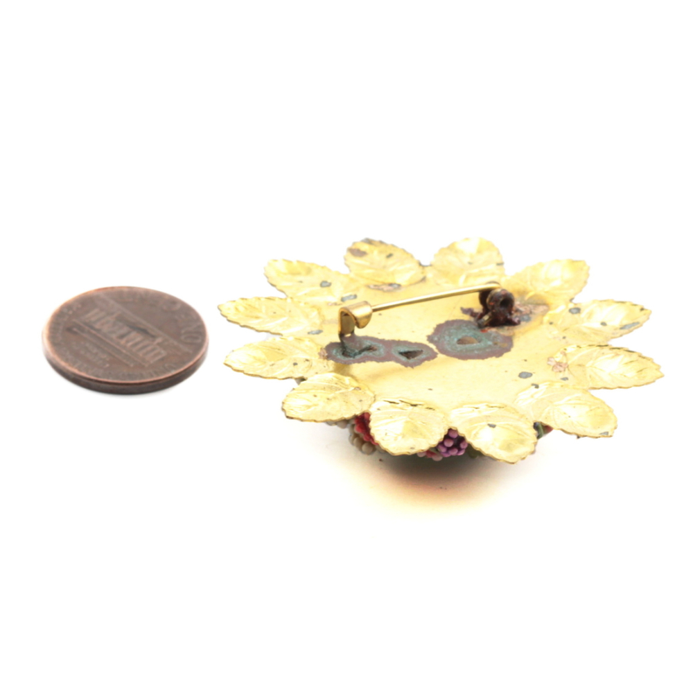 Vintage Czech glass beaded berry and flower bouquet gold pin brooch