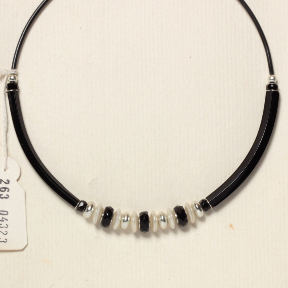 Vintage Czech choker necklace black pentagon arc pearl glass beads
