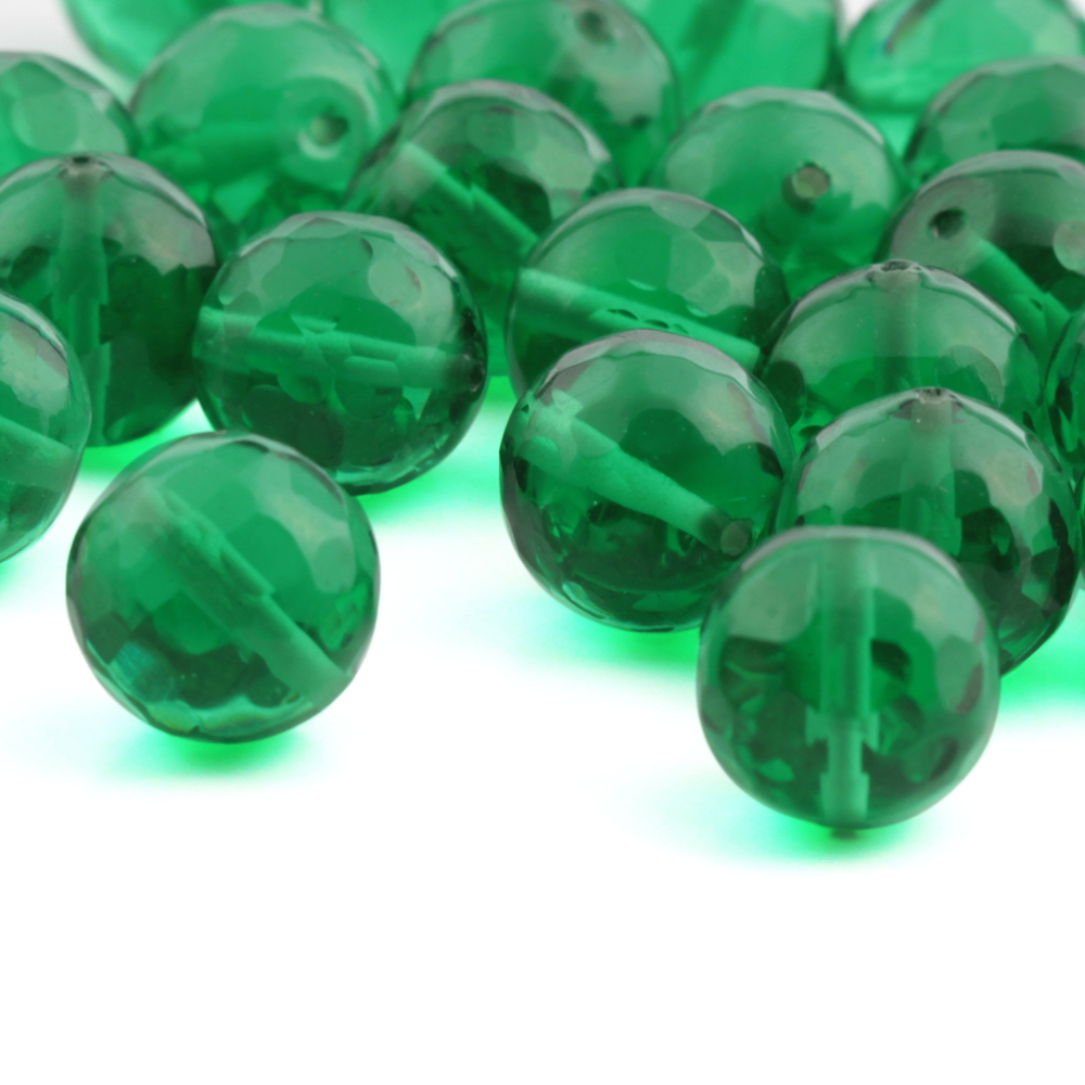 Lot (30) large Austrian D.S vintage Emerald green round faceted glass beads prisms 15mm