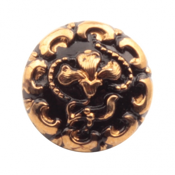 13mm vintage Czech gold gilt Art Nouveau style floral black glass button