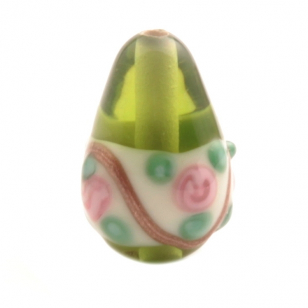 15mm Vintage Czech pink floral aventurine gold overlay green teardrop lampwork glass bead