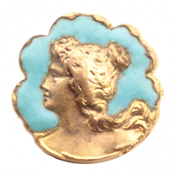 16mm antique German Czech Art Nouveau blue enamel lady arts and crafts metal picture button