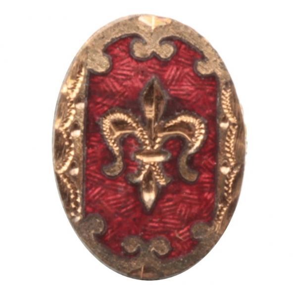 11mm Antique Victorian German Czech red champleve enamel and gold gilt oval metal fleur de lys flower button