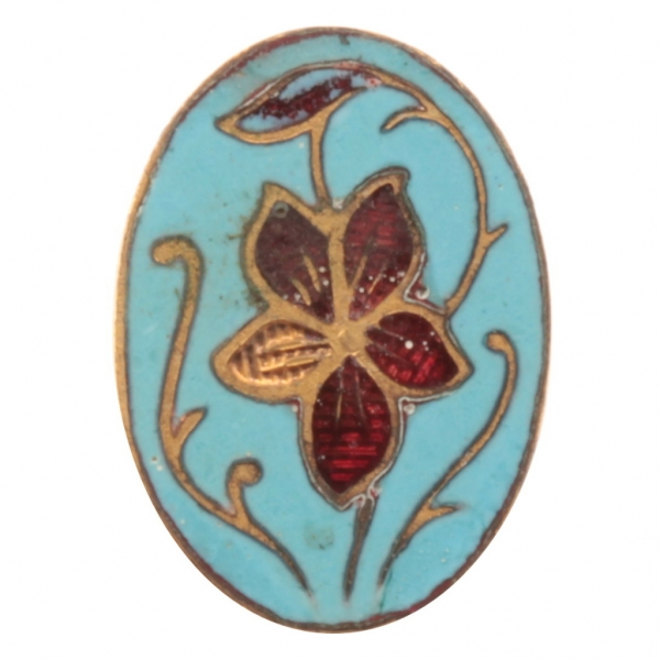 13mm Antique Victorian German Czech red blue champleve enamel metal oval floral button