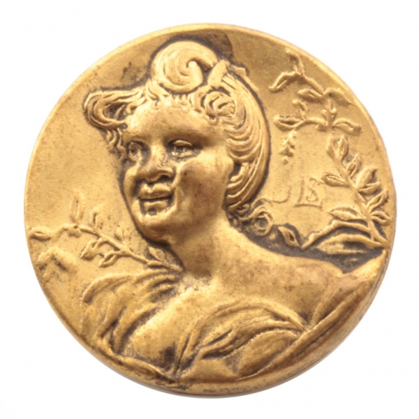 22mm antique German Czech Art Nouveau lady floral arts and crafts gold metal picture button 