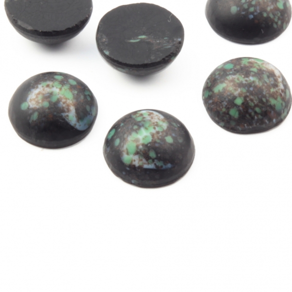 Lot (6) 14mm Czech Vintage green spatter marble black glass cabochons