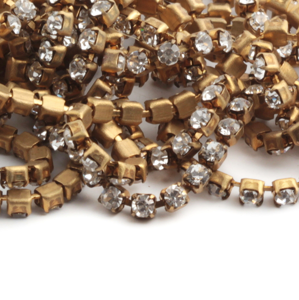 Lot vintage gold tone prong set crystal rhinestone banding necklace chain trim