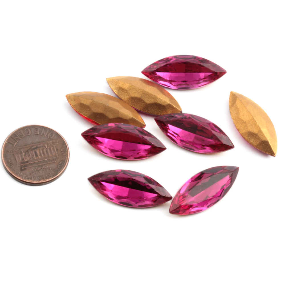 8 Czech vintage oval marquise foiled dark cranberry pink glass rhinestones 24x10mm