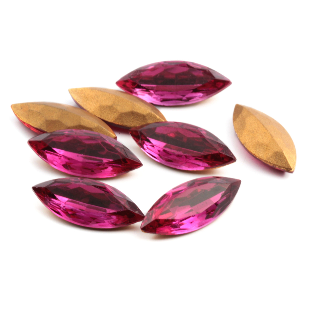 8 Czech vintage oval marquise foiled dark cranberry pink glass rhinestones 24x10mm
