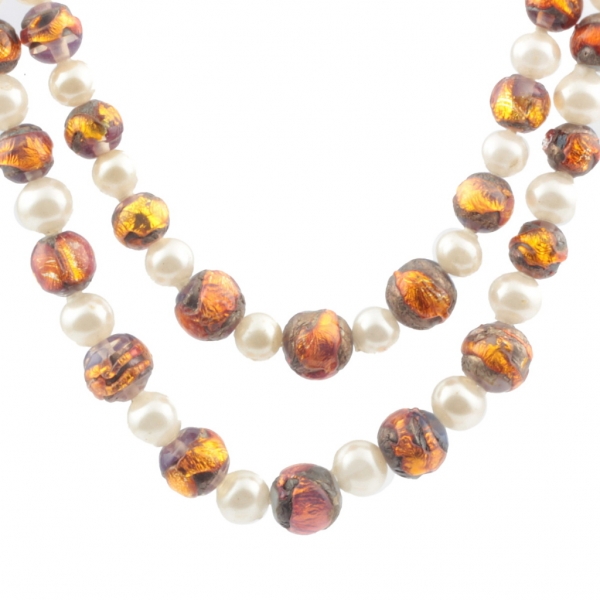 Vintage Czech 2 strand necklace faux pearl lampwork foil overlay opaline glass beads