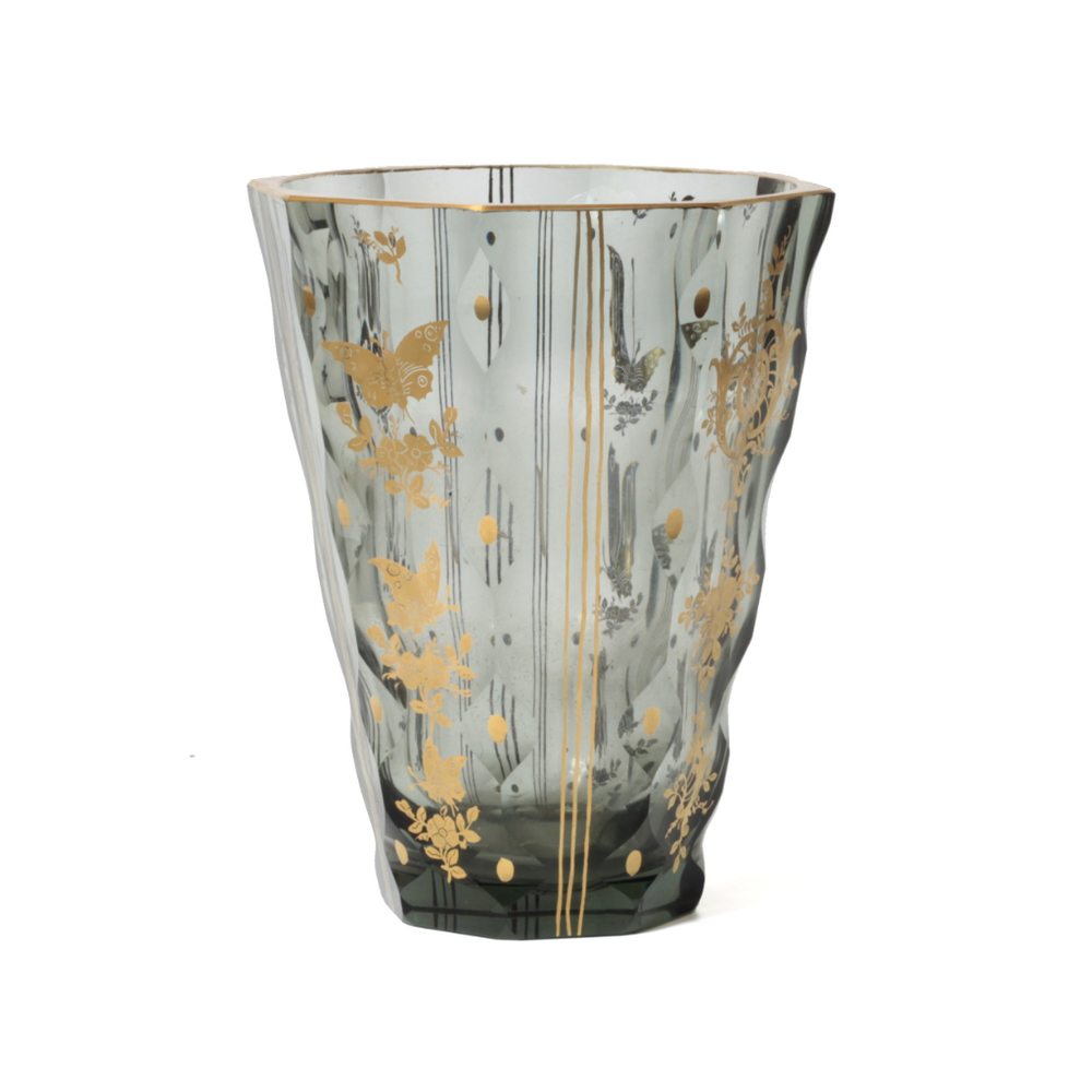 Rare antique Czech smoky glass vase by Moser with gold gilt butterflies and flower decoration