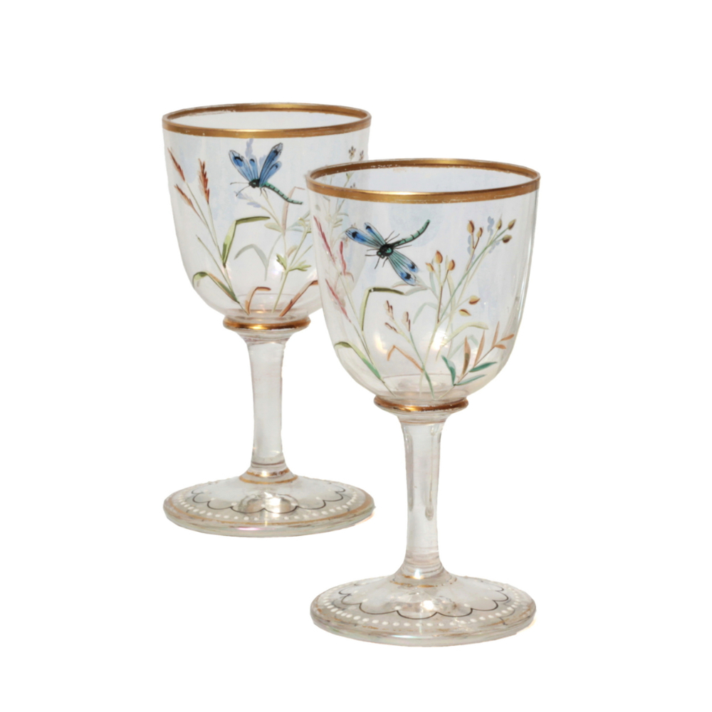Antique Victorian Czech hand floral dragonfly painted iridescent crystal glass decanter and shot glass set