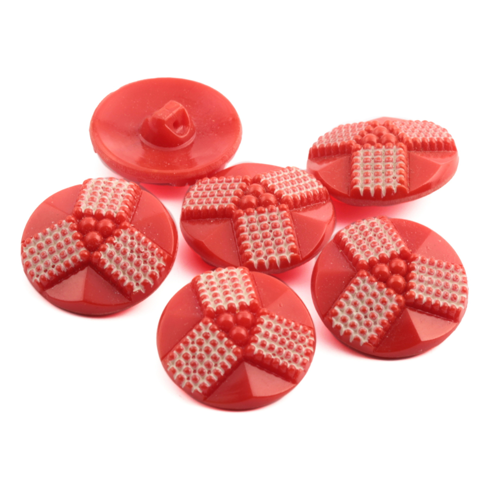 6 Czech Art Deco vintage geometric red and white glass buttons 23mm