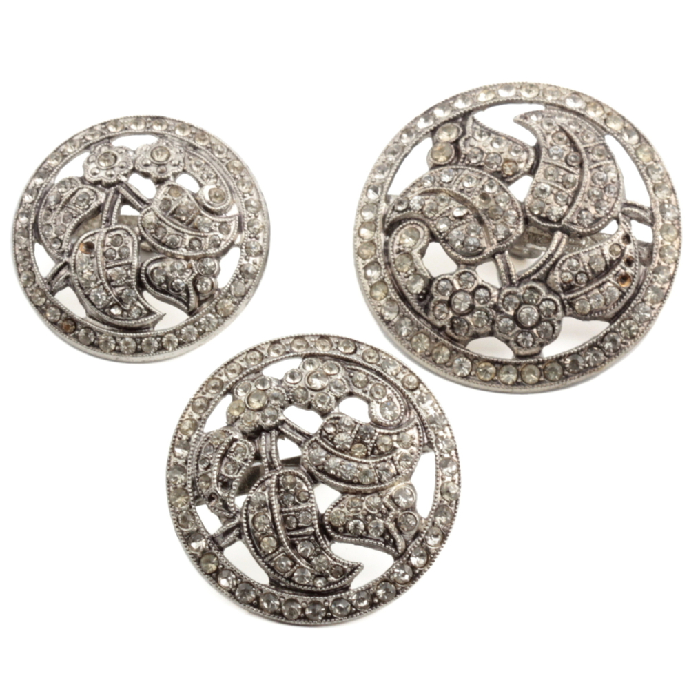 Set 3 vintage Czech Art Nouveau floral style silver metal crystal glass rhinestone buttons