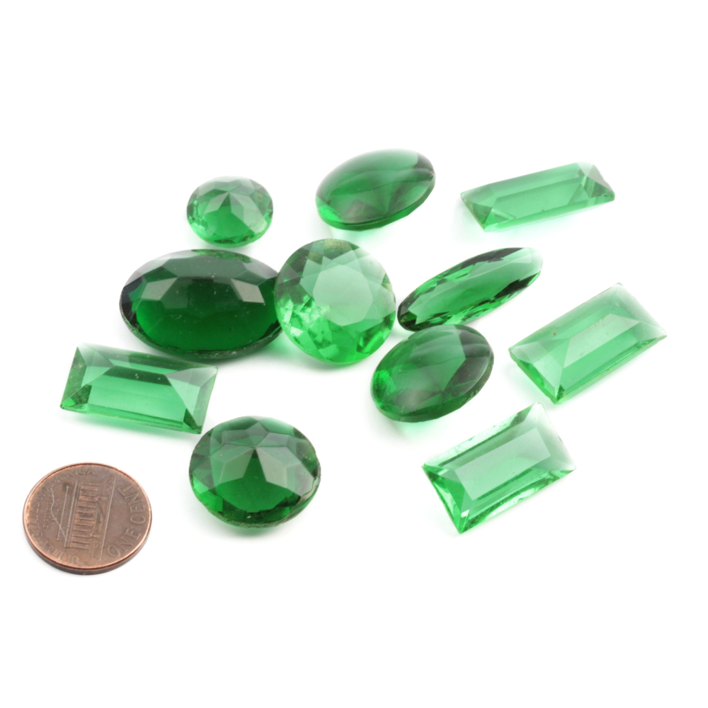 Lot (11) large Czech vintage green rectangle, round and oval glass rhinestones