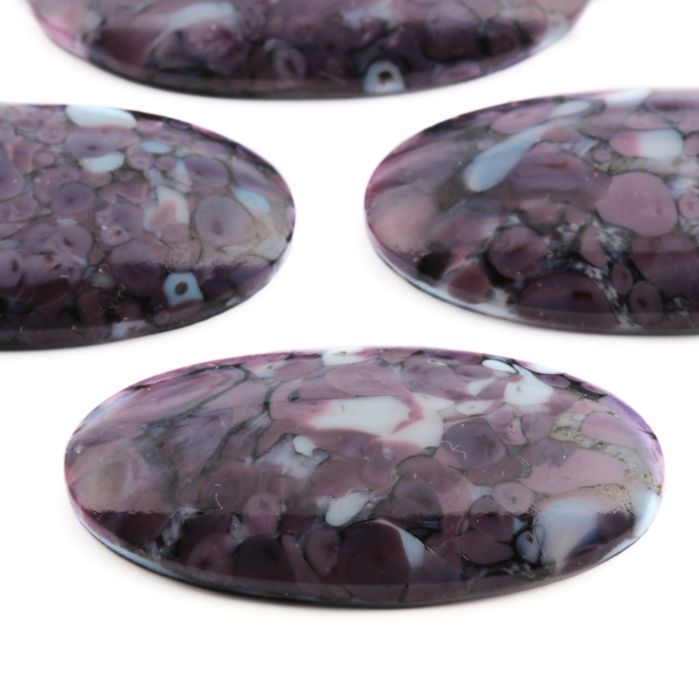 Lot (4) large Czech vintage purple marble oval glass cabochons 32x17mm