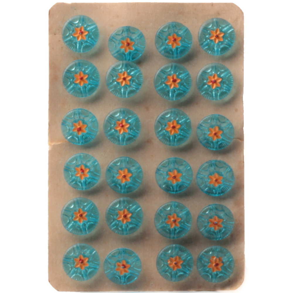 Czech vintage glass button Card (24) 13mm hand painted orange flower blue buttons