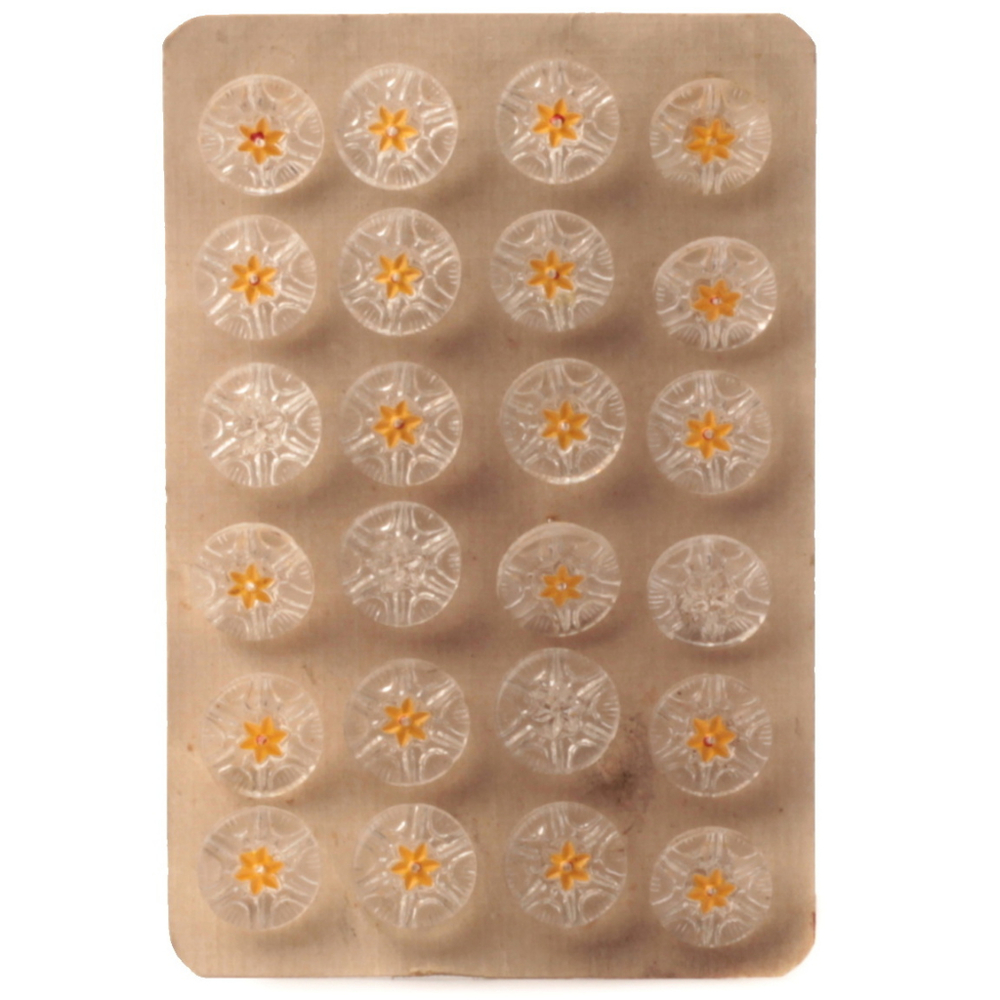 Czech vintage glass button Card (24) 13mm hand painted yellow flower clear buttons
