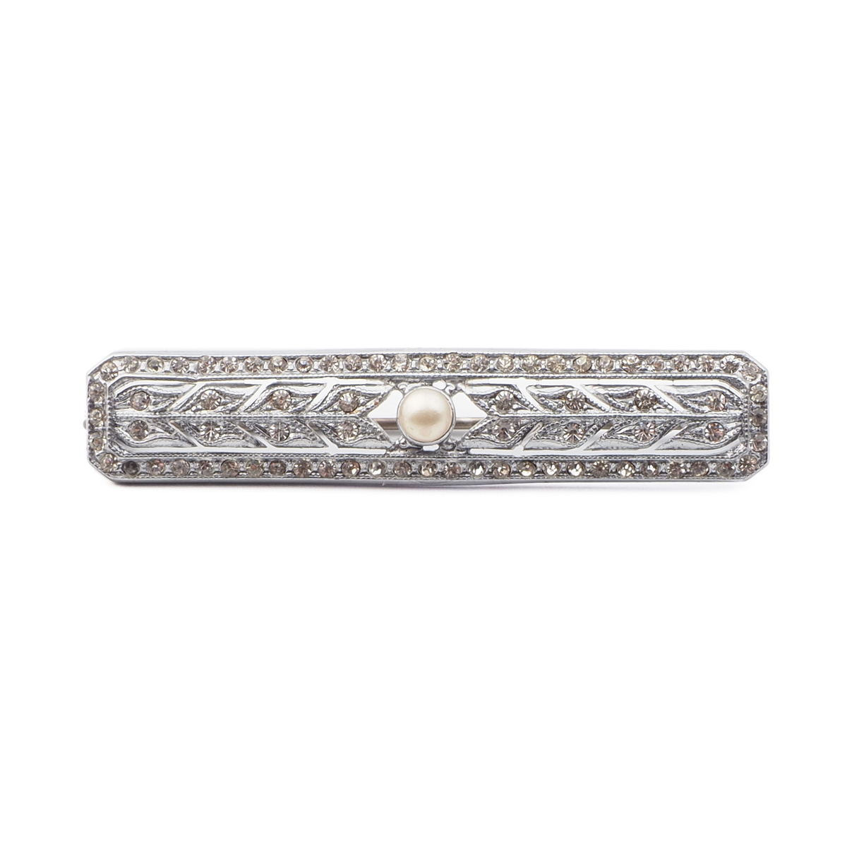 Vintage Deco Czech rhodium plate glass rhinestone pearl pin brooch