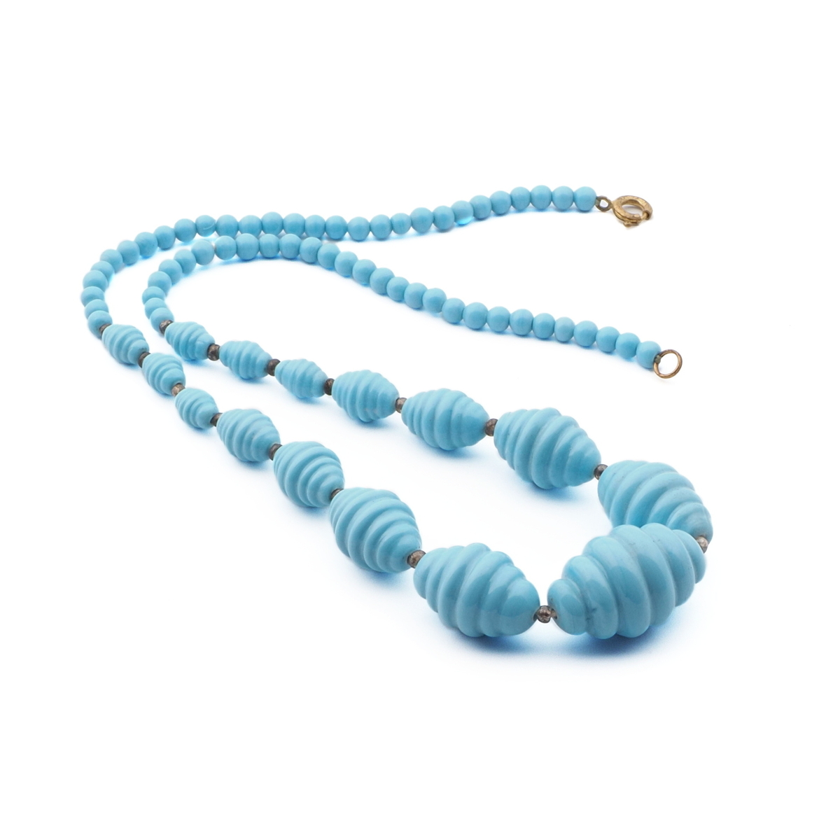 Vintage Czech Art Deco necklace rare blue oval ribbed glass beads