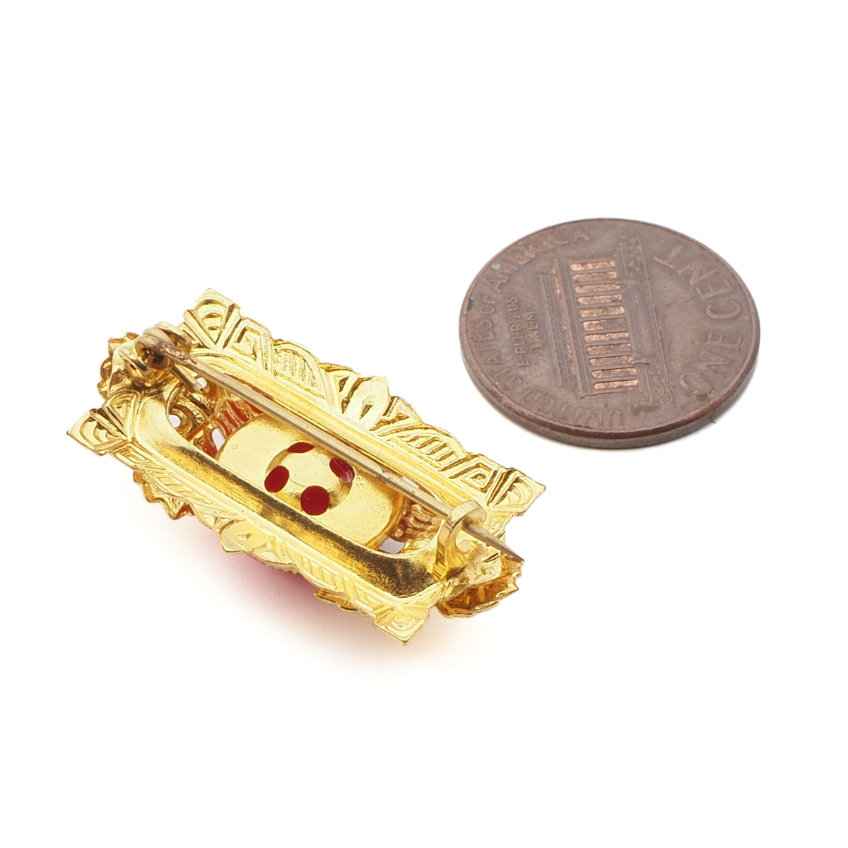 Vintage Czech gold tone metal leaves red glass cabochon pin brooch