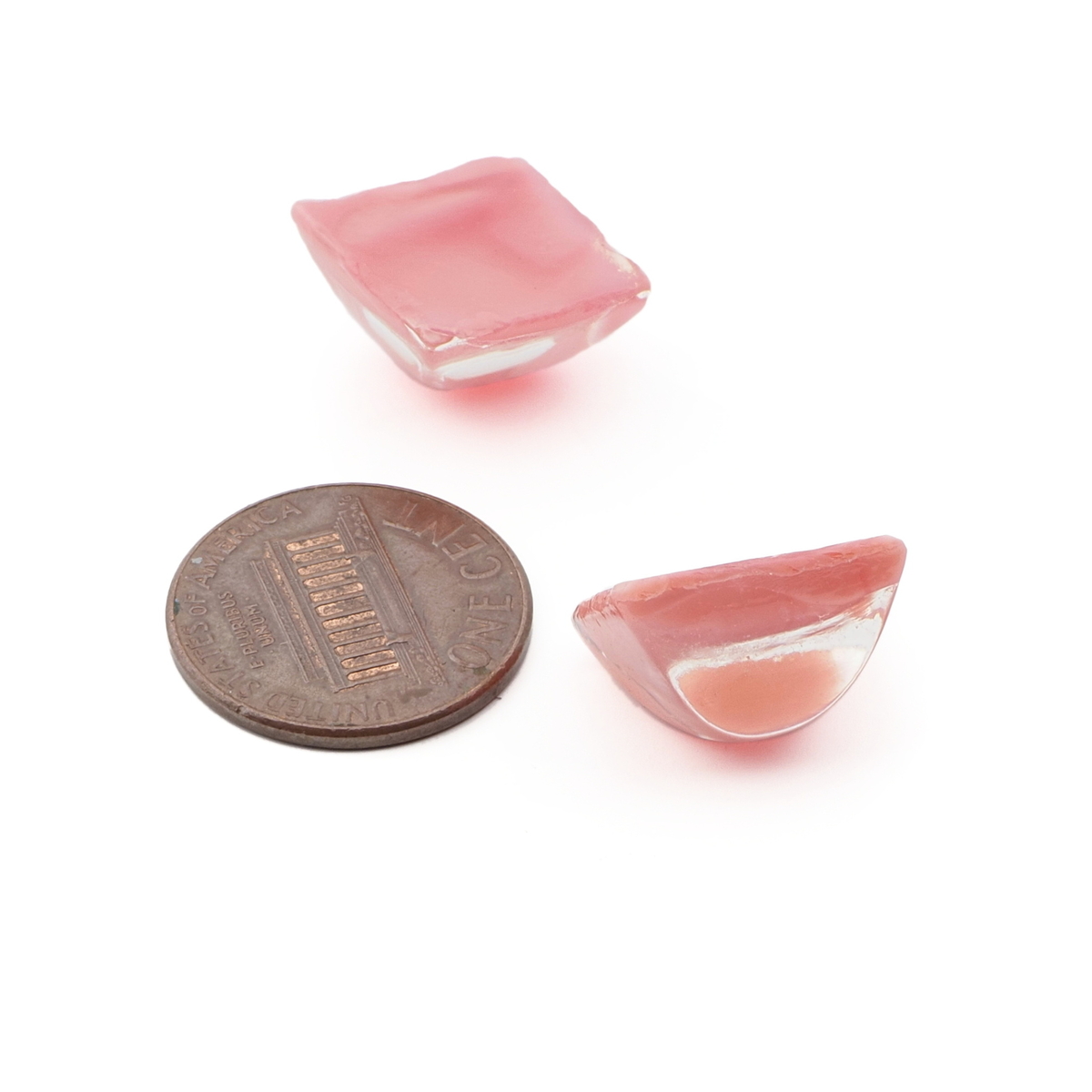Lot (2) Czech vintage pink satin moonglow square domed glass cabochons 15mm 