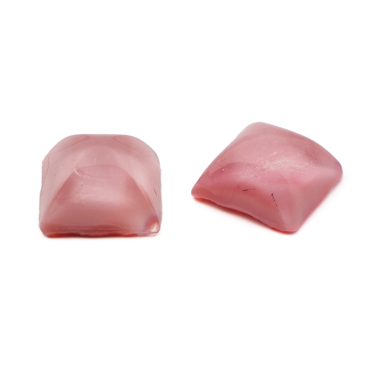 Lot (2) Czech vintage pink satin moonglow square domed glass cabochons 15mm 