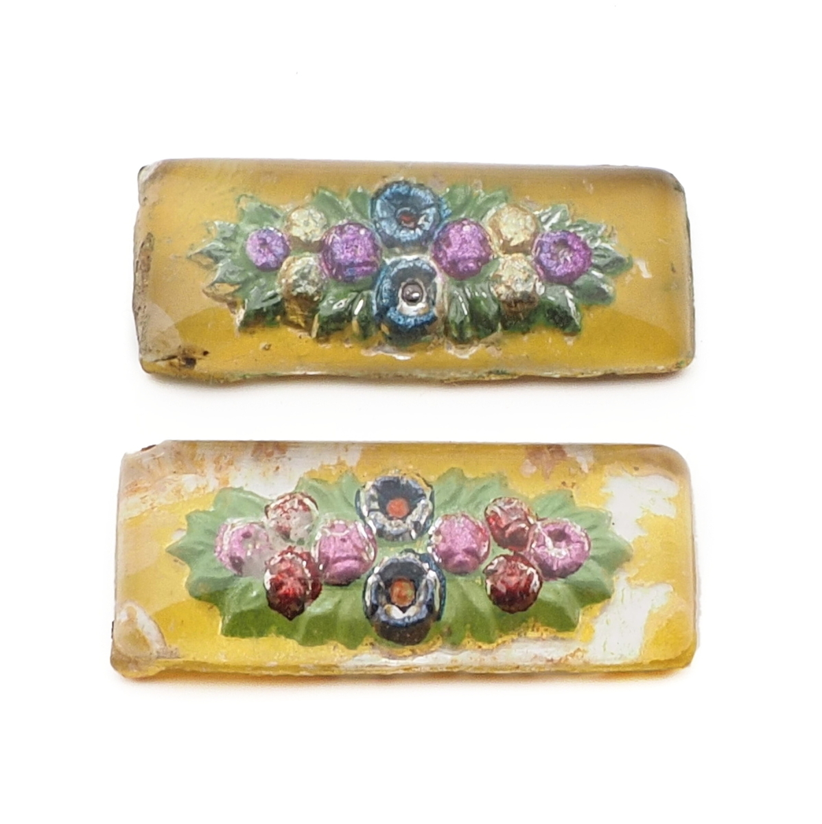 Lot (2) antique reclaimed Czech intaglio hand painted flower glass pin brooch cabochons