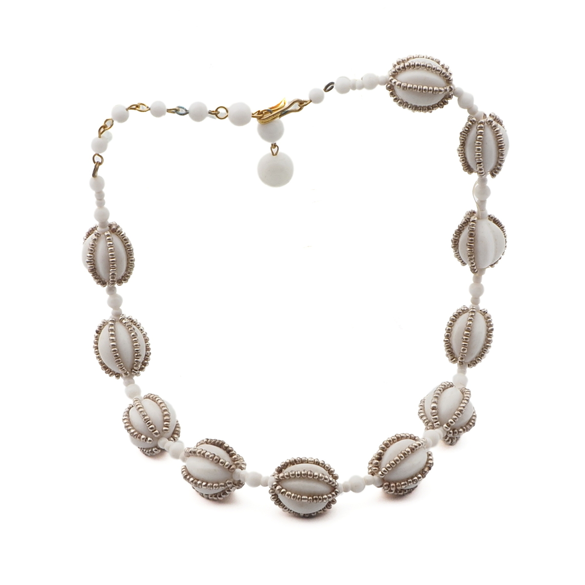 Vintage Czech necklace silver seed bead white melon glass beads