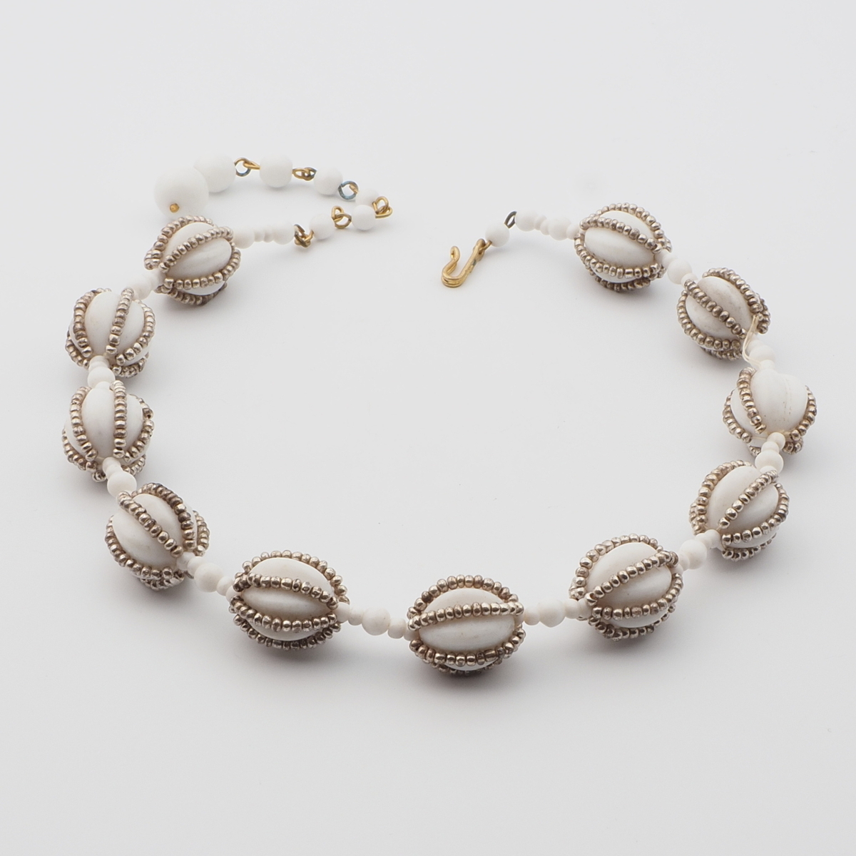 Vintage Czech necklace silver seed bead white melon glass beads