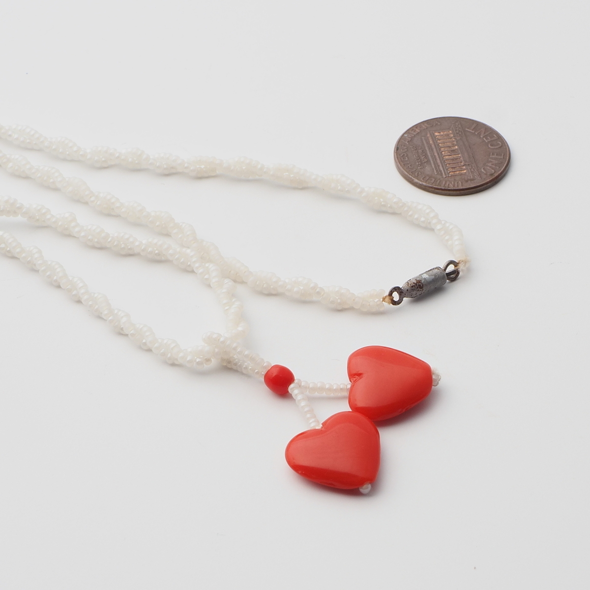 Vintage Czech childs necklace pearl micro seed red heart glass beads