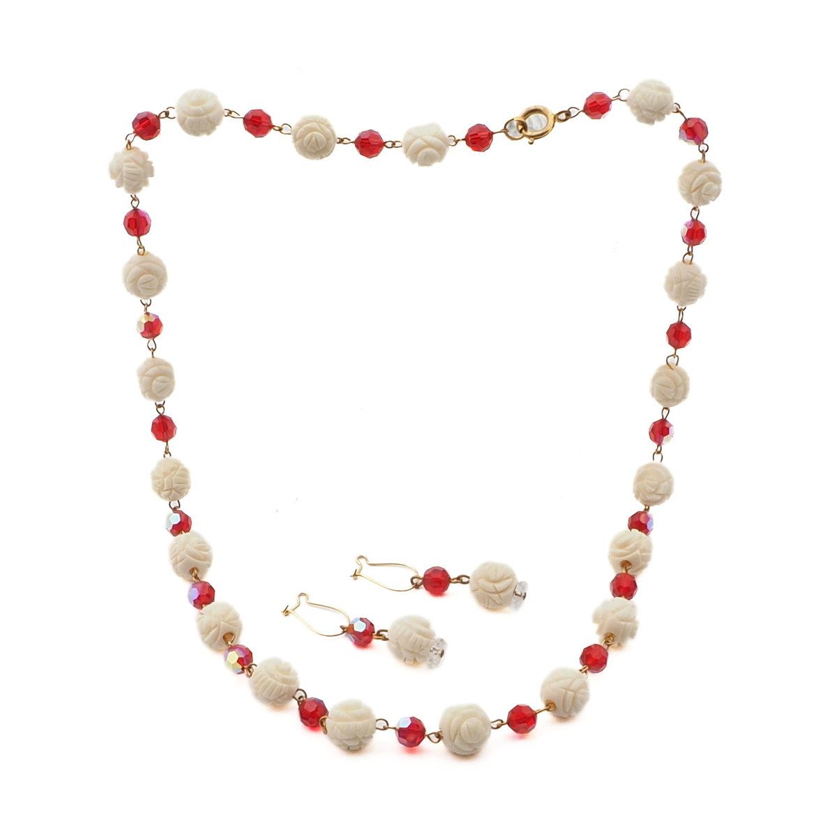 Czech necklace earring set carved celluloid flower vitrail red glass beads