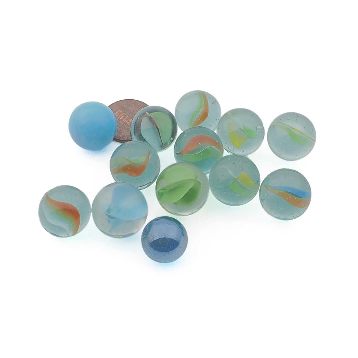 Lot (13) vintage German swirl core opaque metallic glass marbles toys