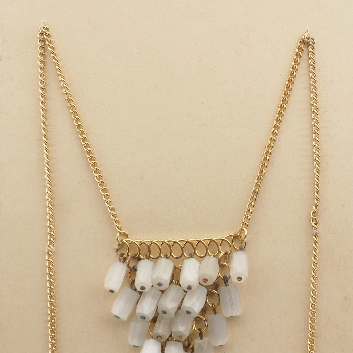 Czech vintage gold chain pendant necklace frost satin atlas bugle glass beads