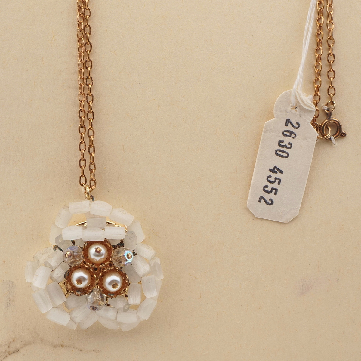 Czech vintage gold chain pendant necklace frost satin atlas pearl AB glass beads