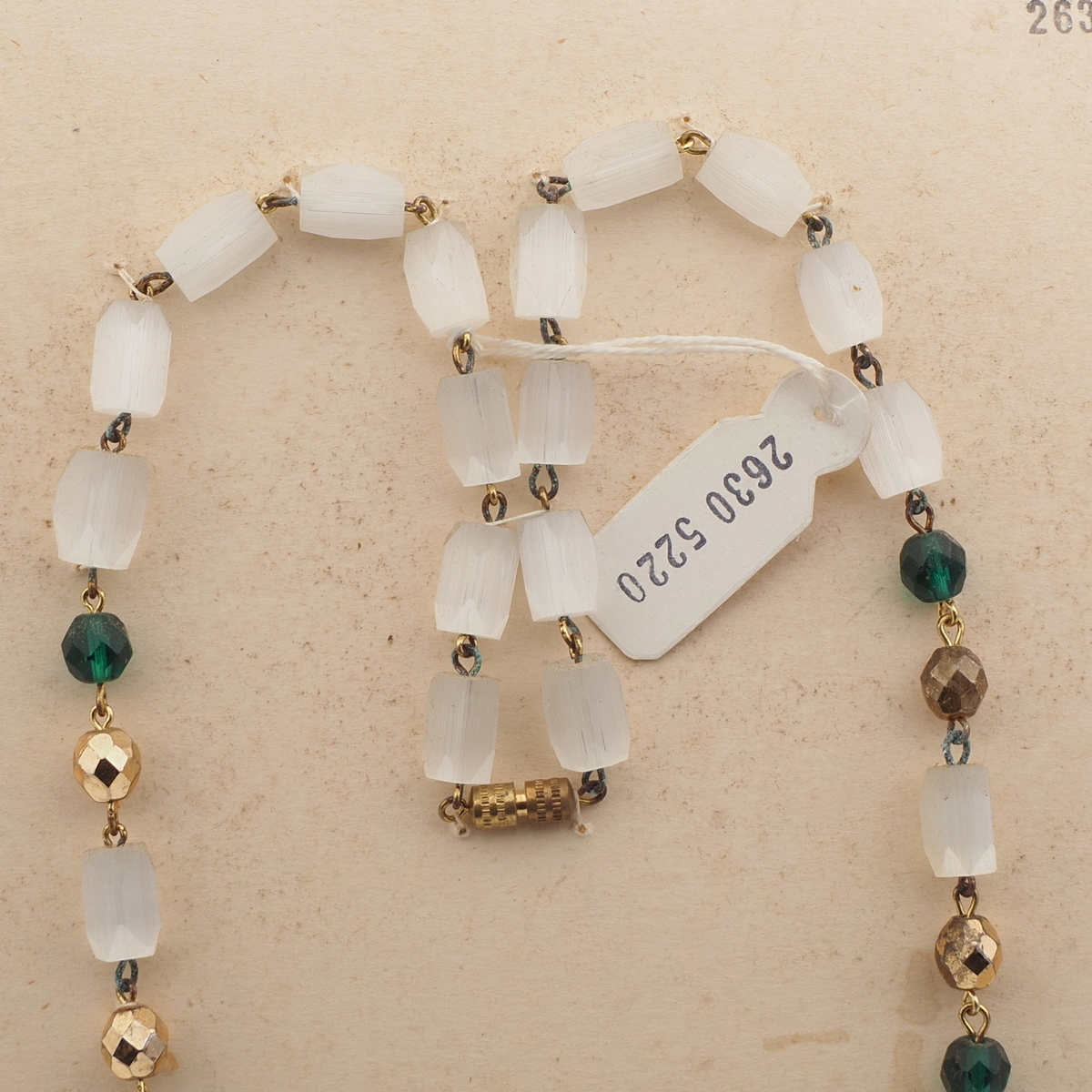 Czech vintage necklace frost satin atlas bugle green gold glass beads