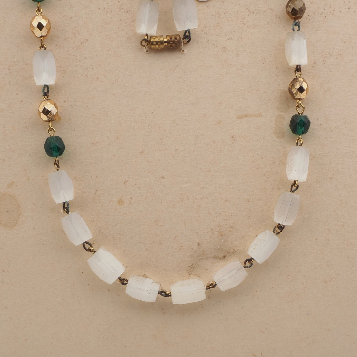 Czech vintage necklace frost satin atlas bugle green gold glass beads