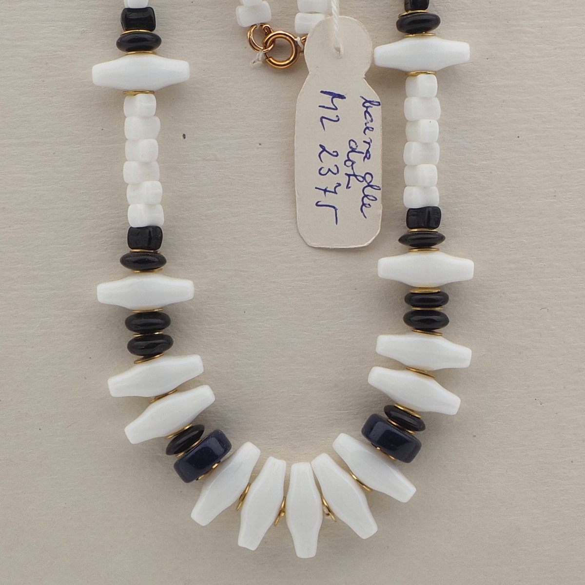 Czech vintage necklace black white rectangle bicone glass beads 24"