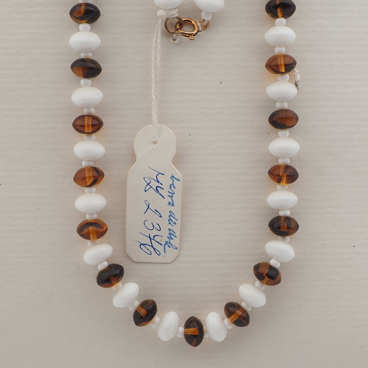 Czech vintage necklace white tortoise topaz rondelle glass beads 24"